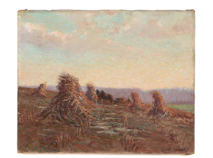 George G. Adomeit (Prussian/American, 1879-1967): George G. Adomeit (Prussian/American, 1879-1967) "Haystacks" oil on canvas, signed. Unframed. Provenance: The Artist; by family descent to Ruth Adomeit, his daughter; Private Collection, acquired dire