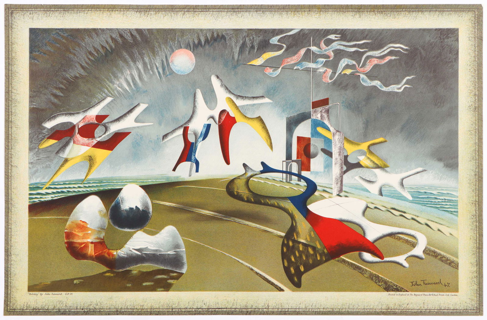 John Tunnard, A.R.A. (British, 1900-1971): John Tunnard, A.R.A. (British, 1900-1971), "Holiday," 1946, lithograph, signed and dated in the stone. Printed in England at the Baynard Press for School Prints Ltd, London. Unframed. Size: 16.5'' x 2