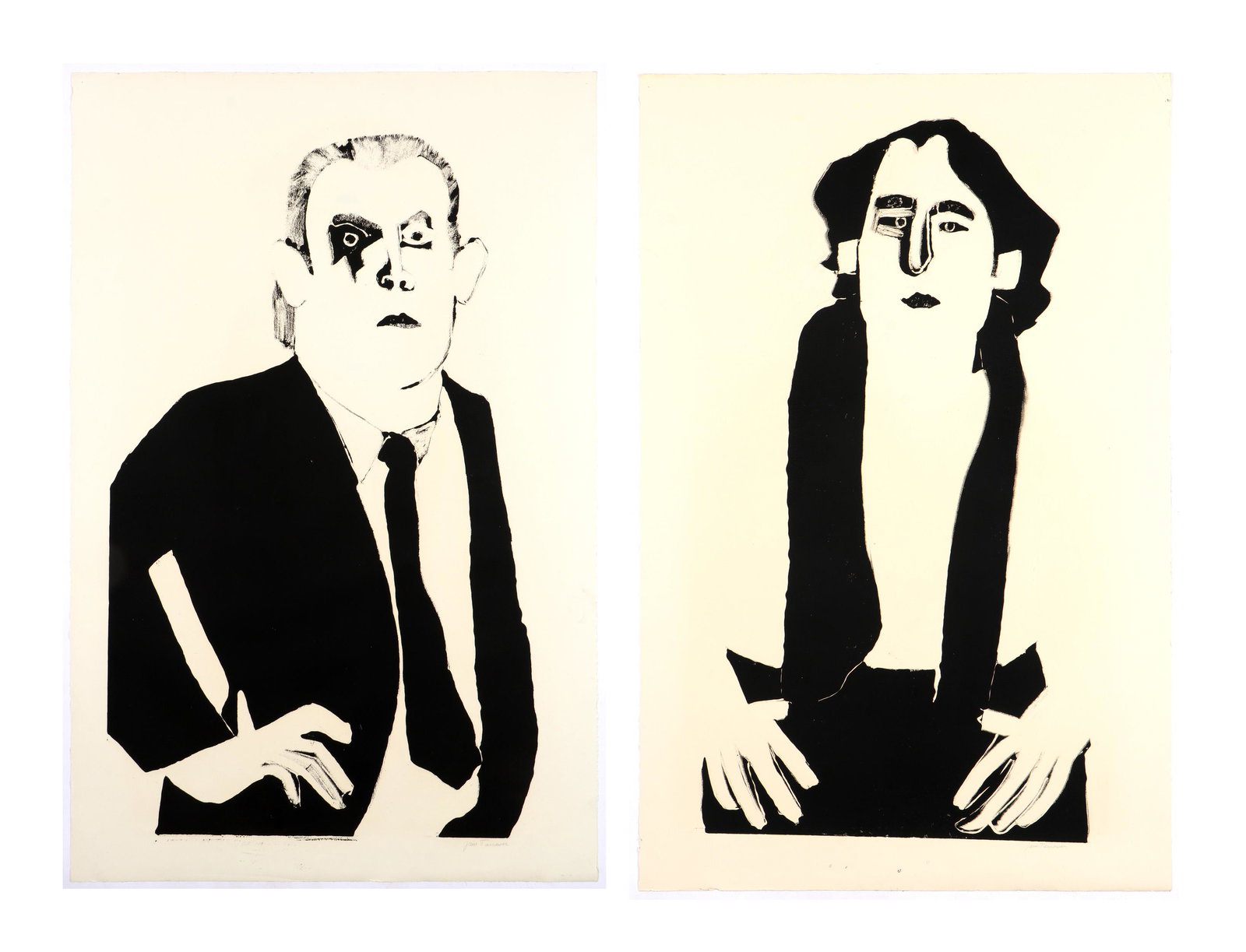 Jain Tarnower (American, 20th C.) 2 Monoprints: Jain Tarnower (American, 20th Century) "Tom ... and George in Coat, 1984, 2 monoprints. Unframed. Size: 40'' x 26'', 102 x 66 cm (each sheet). Provenance: Collection of Joshua P. Smith.