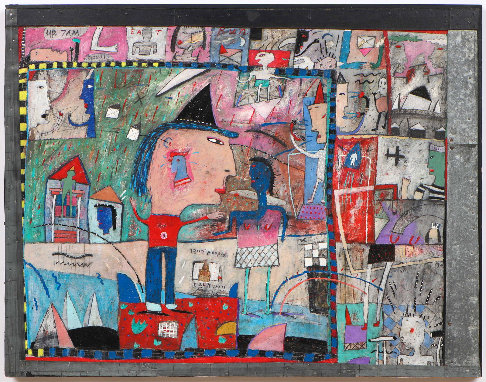 Michael Nakoneczny (American, b. 1952): Michael Nakoneczny (American, b. 1952) "Crossing Wires," 1983, mixed media on masonite, verso signed and dated. Framed. Size: 21'' x 28'', 53 x 71 cm (sight); 24'' x 31'', 61 x 79 cm (frame). Provenan