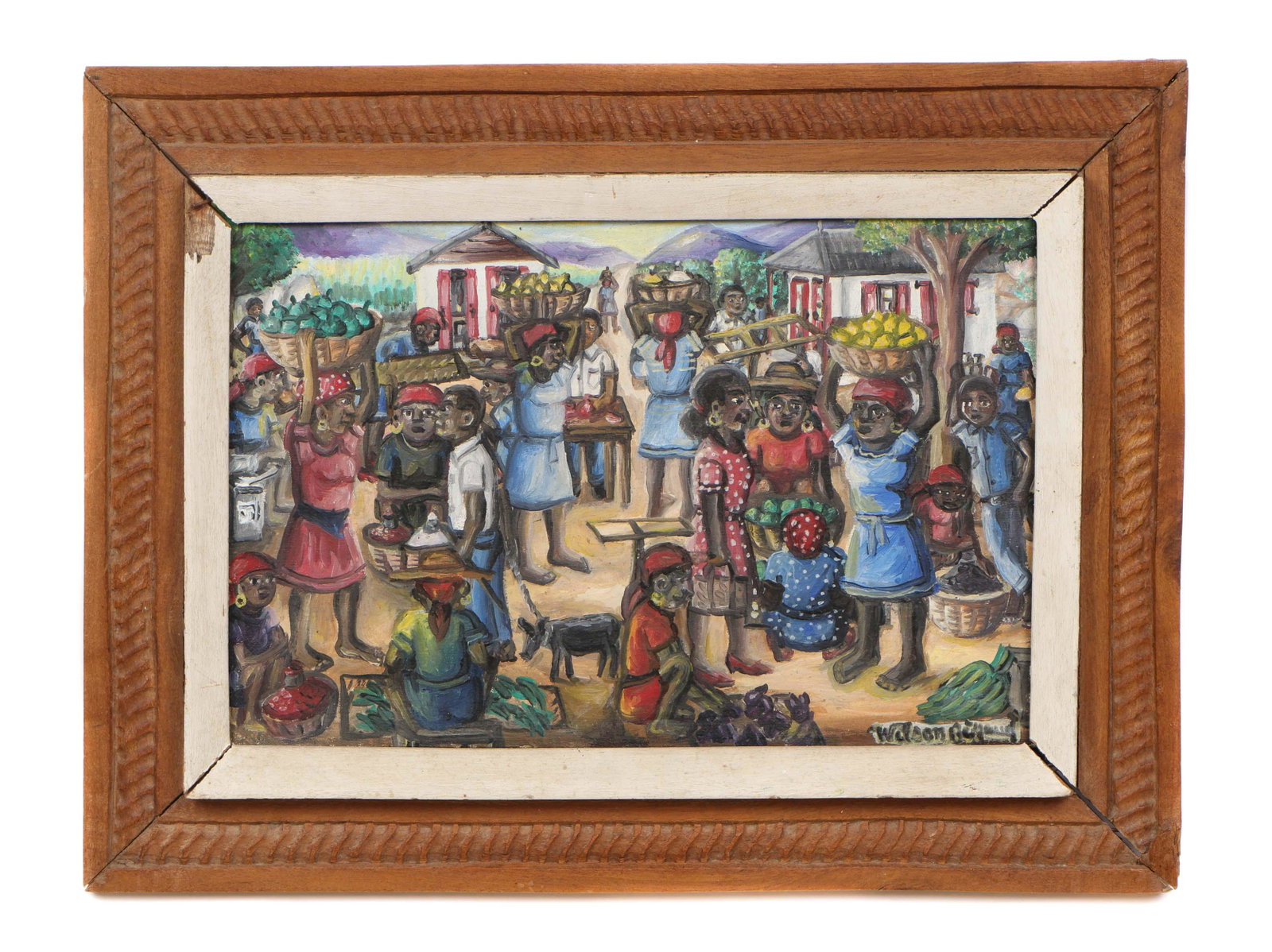Wilson Bigaud (Haitian, 1931-2010): Wilson Bigaud (Haitian, 1931-2010) Untitled (Market Scene,) oil on canvas, signed. Framed. Size: 10'' x 15'', 25 x 38 cm (stretcher); 15'' x 20'', 38 x 51 cm (frame).