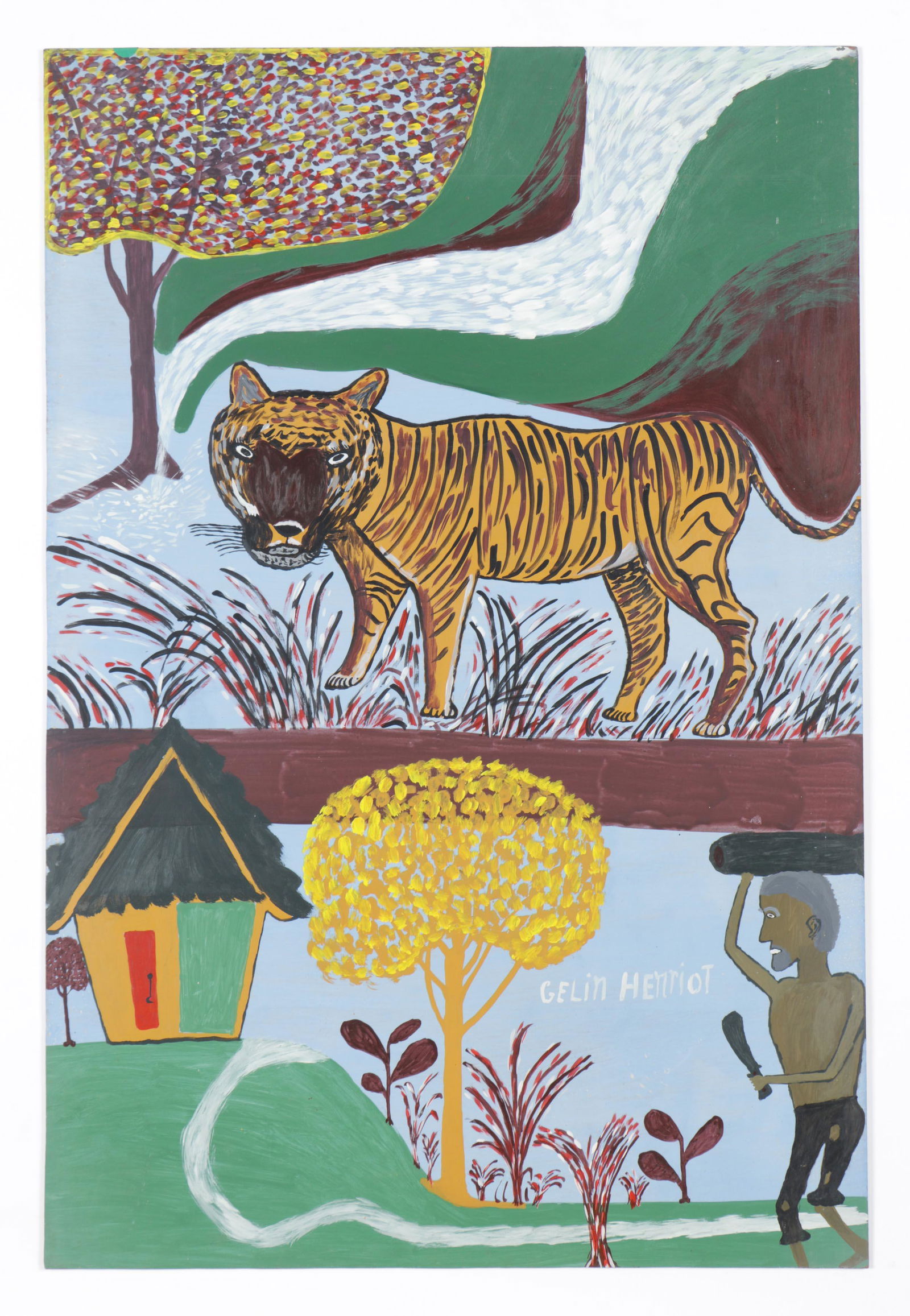 Henriot Gelin (Haitian, 20th c.) Painting: Henriot Gelin (Haitian, 20th c.) Untitled, painting on masonite, signed. Unframed. Size: 36'' x 24'', 91 x 61 cm (board).