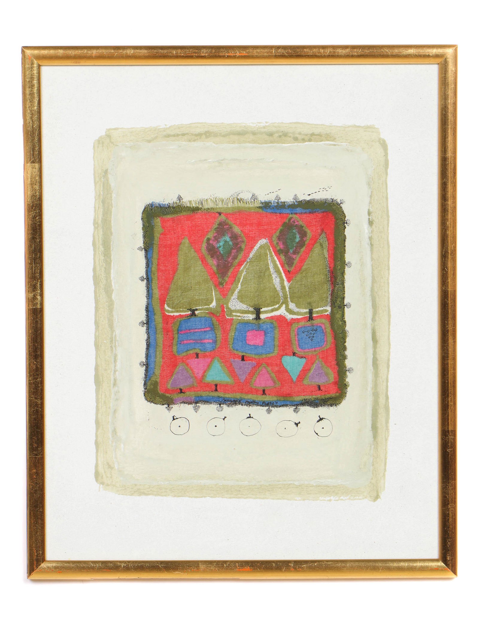 Russ Thompson (Jamaican/American, b. 1922): Russ Thompson (African-American, born Jamaica 1922) "Nature's Printing Press," 1967, mixed media on masonite, signed, dated and titled. Russ Thompson was part of the late 60's Black Emergency Cultural