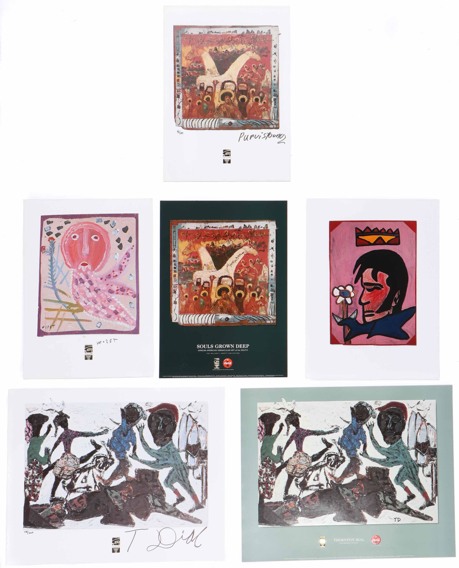 Outsider Art Poster Group: Outsider Art Poster Group. Six unframed posters. Artists include Thornton Dial, Purvis Young, Mose Tolliver and Joe Light. Ranging in Size from: 25'' x 18'', 64 x 46 cm (sheet) to 24'' x 30'', 61 x 76