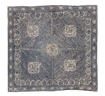 Tulis Batik Indonesian Headcloth, Circa 1900-1920: Square batik fabric used as a man's headcloth or turban. Made of commercial tabby woven cotton with wax resist (batik) patterning. The field is divided into four square sections, each with diagonal