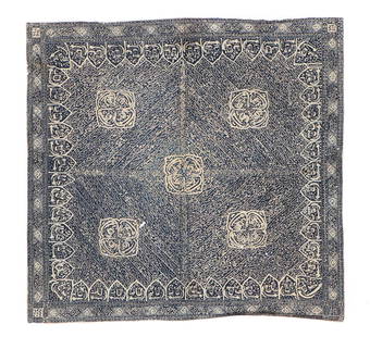 Tulis Batik Indonesian Headcloth, Circa 1900-1920: Square batik fabric used as a man's headcloth or turban. Made of commercial tabby woven cotton with wax resist (batik) patterning. The field is divided into four square sections, each with diagonal st