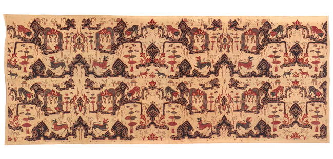 Kain Panjang Tulis Batik, Indonesia: Kain Panjang of handdrawn (tulis) wax resist (batik) with a pattern of mountains, houses, plants and fantastic animals in dark blue, red and ivory-yellow on an ivory-yellow ground. Medium: commercial