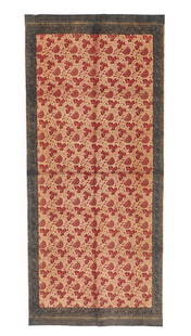 Antique Batik Shoulder Cloth, Indonesia, 19th C.: Slendang, shoulder cloth of cotton, with block printed wax resist patterning; a leaf and flower repeat pattern connected by tendrils in the field. The background is pricked in order to create the