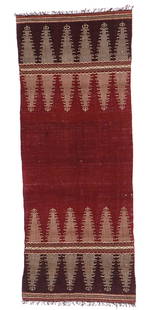 18th-19th C. Indonesian Shoulder Cloth Textile: Shoulder cloth or ceremonial cloth to be displayed or draped, with an even, tabby woven red cotton center field with cotton thread embroidery of rows of double reversed tumpals and horizontal bands