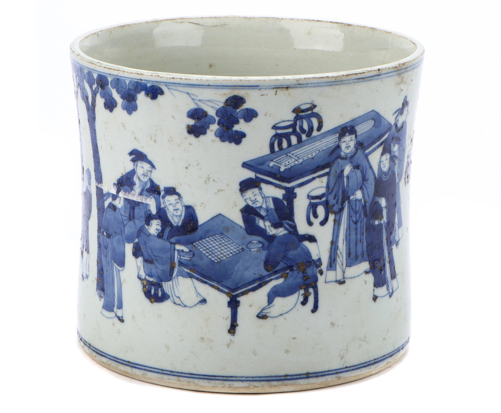 Chinese Blue and White Porcelain Brush Pot: Chinese Blue and White Porcelain Brush Pot. Size: 7'' x 8'' x 8'' (18 x 20 x 20 cm).