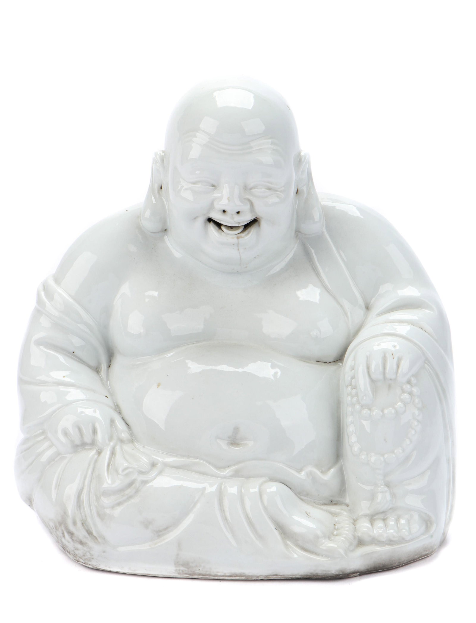 Porcelain Buddha, China, Qing Period: White porcelain "Laughing" Buddha, China, Qing period. In Chinese culture, the "Laughing Buddha" symbolizes contentment and abundance. Size: 13'' x 11.5'' x 6.75'' (33 x 29 x 17 cm).