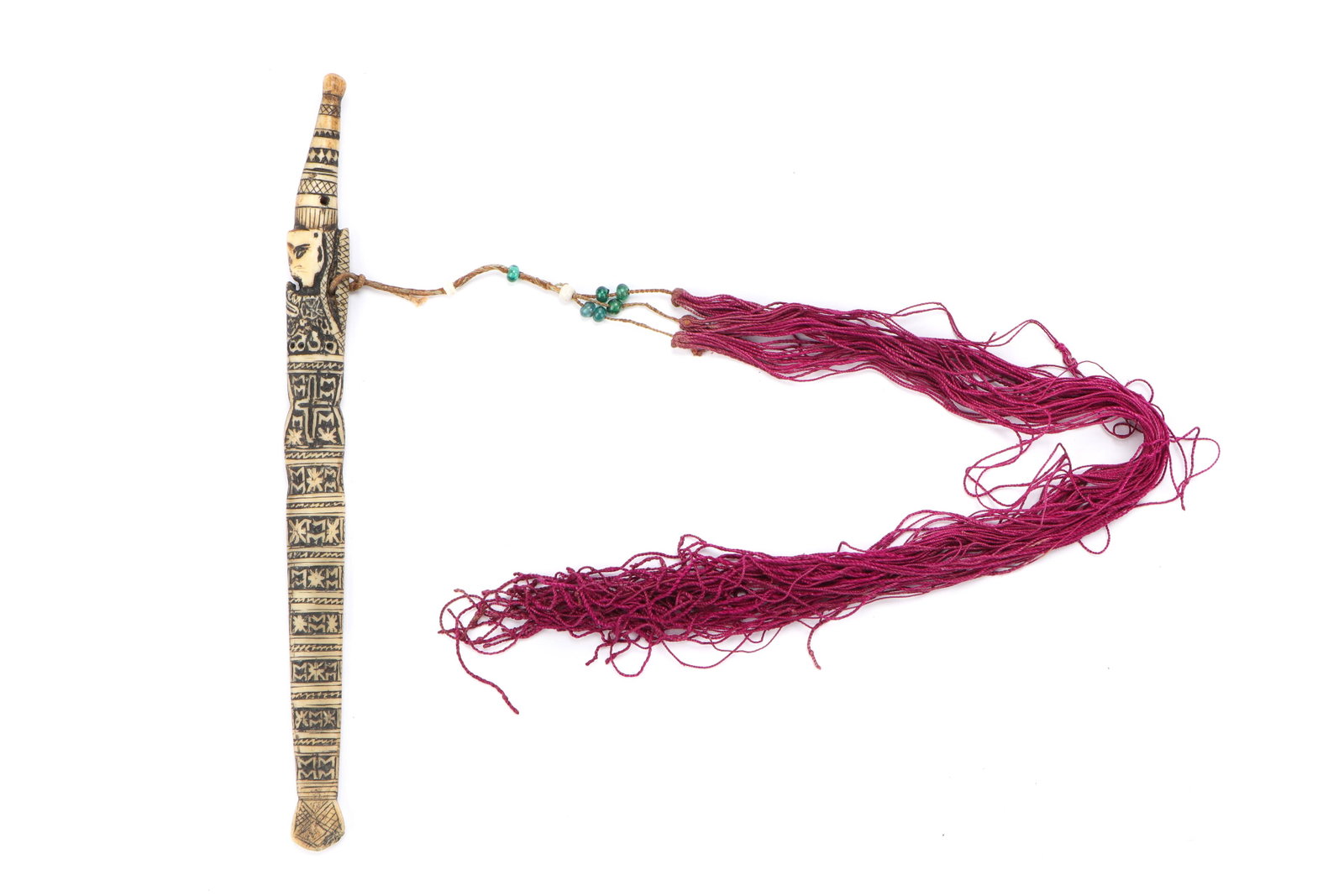 Antique Run Li Etched Carved Bone Hair Stick, China: Run Li etched carved bone hair stick, Hainan, China, circa 1900. Size: 8.5'' x .75'' (22 x 2 cm).