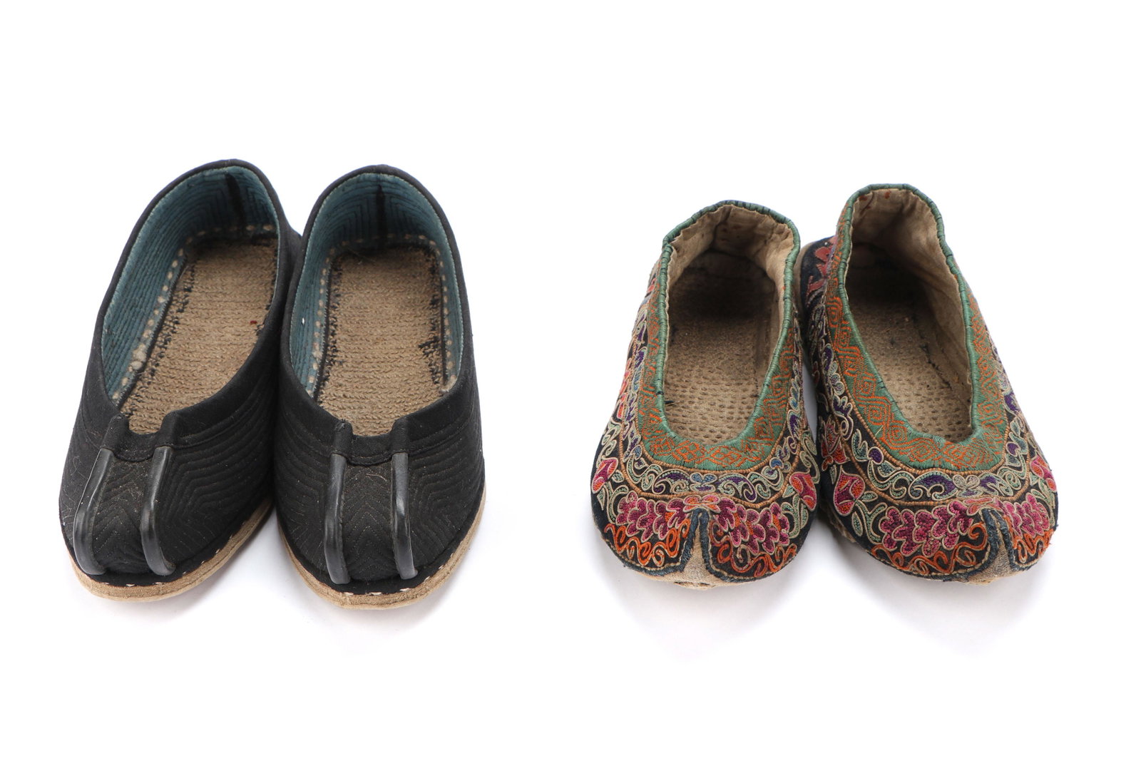 2 Pair of Ethnographic Footwear, Mongolia/China: 2 pair of shoes: Mongolian cotton shoes, mid 20th century and Miao embroidered and applique on cotton shoes, south China, early to mid 20th century. Sizes Pair 1) 10.25'' x 3.5'' (26 x 9 cm); Pair 2) 