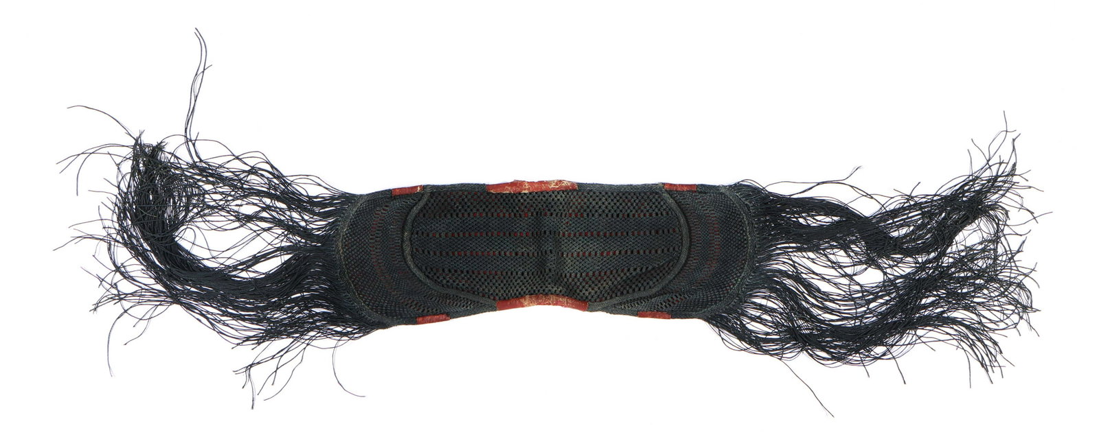 Rare 19th C Japanese Horse Saddle Covering: Rare 19th C Japanese horse saddle covering, hemp, leather, indigo dyed, braiding. Size: 34'' x 10.75'' (86 x 27 cm).