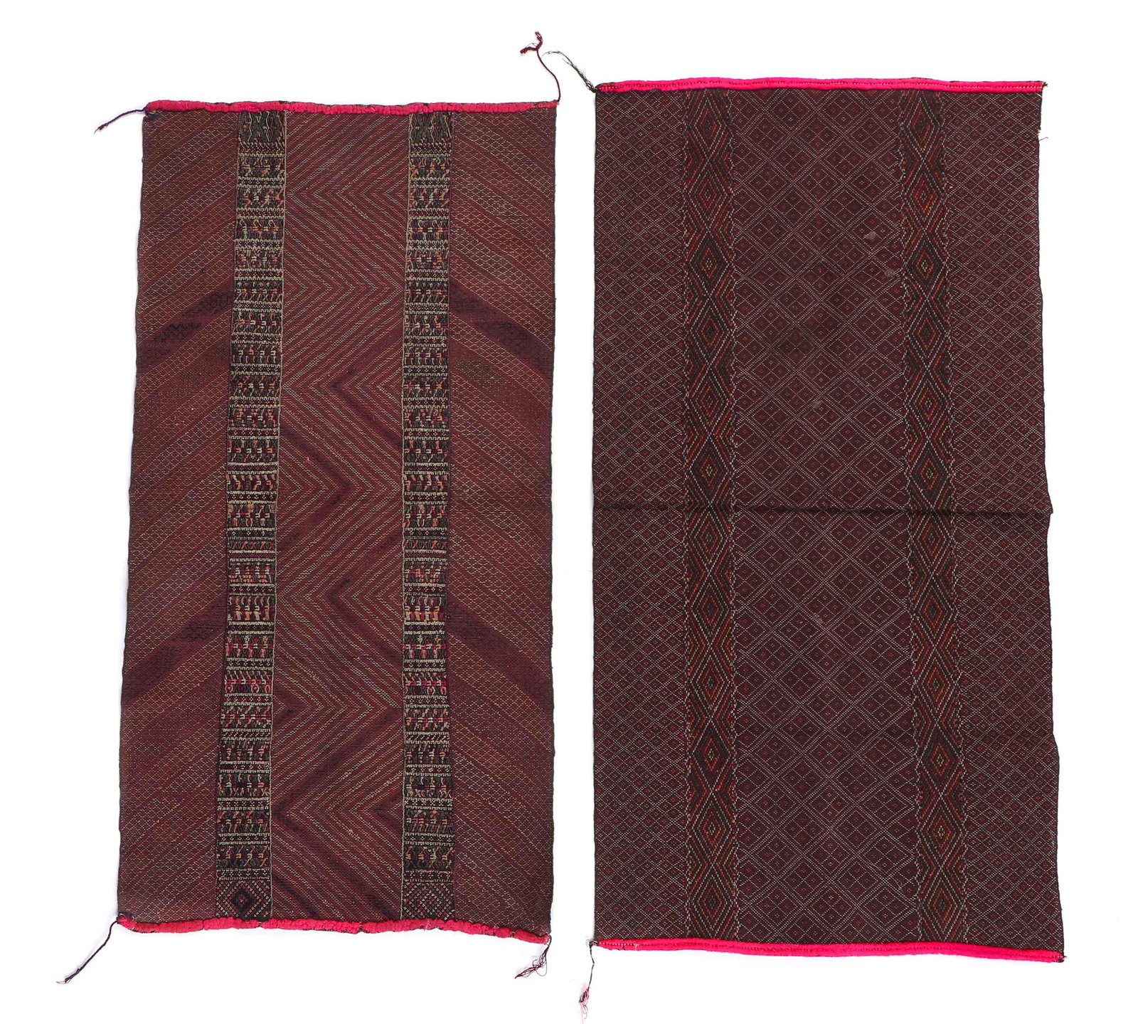 2 Chin Cotton Breast Cloths, Burma: 2 Chin cotton breast cloths, Burma, first half 20th century. Sizes: 1) 27'' x 14'' (69 x 36 cm); 2) 26'' x 13.5'' (66 x 34 cm).