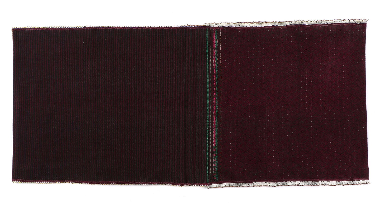Khumi Tubular Skirt, Chin, Burma: Khumi tubular skirt embellished with columns of tiny glass beads, Chin, Burma, circa mid-20th century. Uncut. Size: 38.5'' x 17'' (98 x 43 cm).