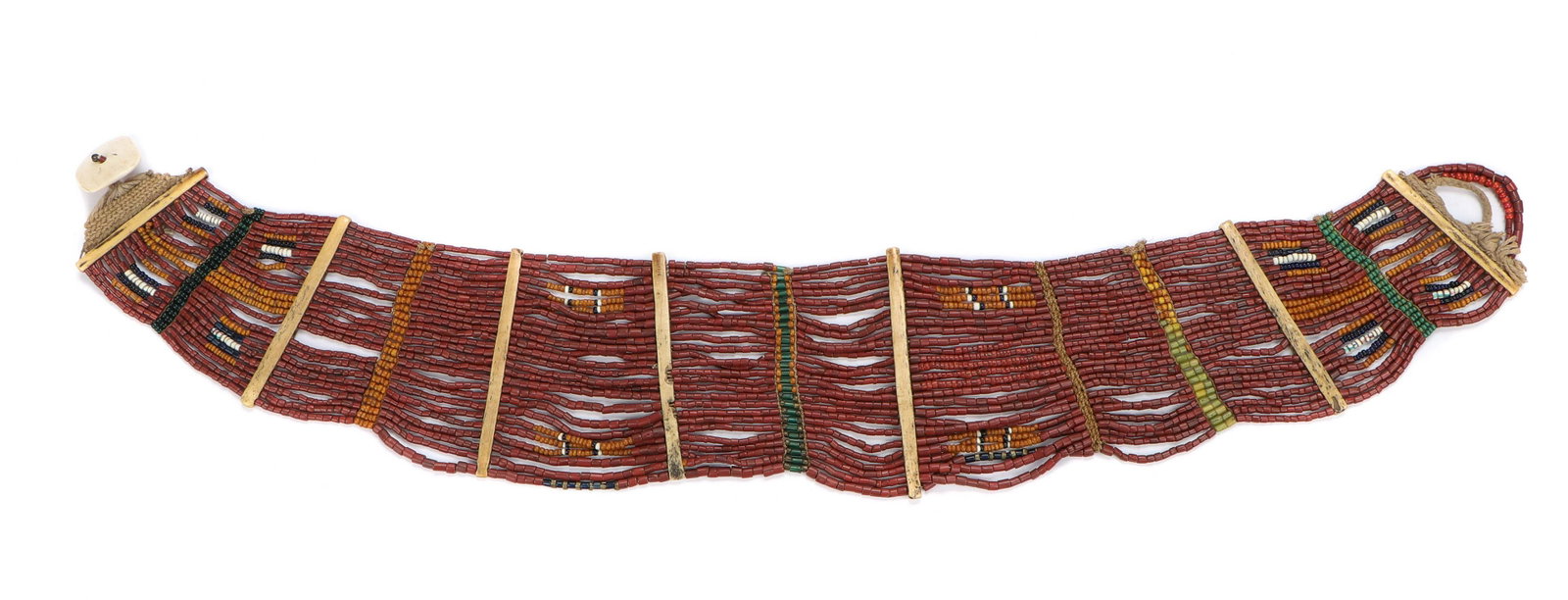 Konyak Naga Brown Glass Trade Bead Festival Belt: Konyak Naga Brown Glass Trade Bead Festival Belt, for young women of high status, multi-color glass beads, bone and shell. Size: 28.5'' x 5'', 72 x 13 cm (length).