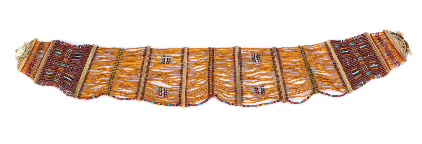 Konyak Naga Mustard-Colored Glass Bead Festival Belt: Konyak Naga Mustard-Colored Glass Trade Bead Festival Belt, for young women of high status, multi-color glass beads, bone and engraved chank shell. Size: 31'' x 5'', 79 x 13 cm (length).