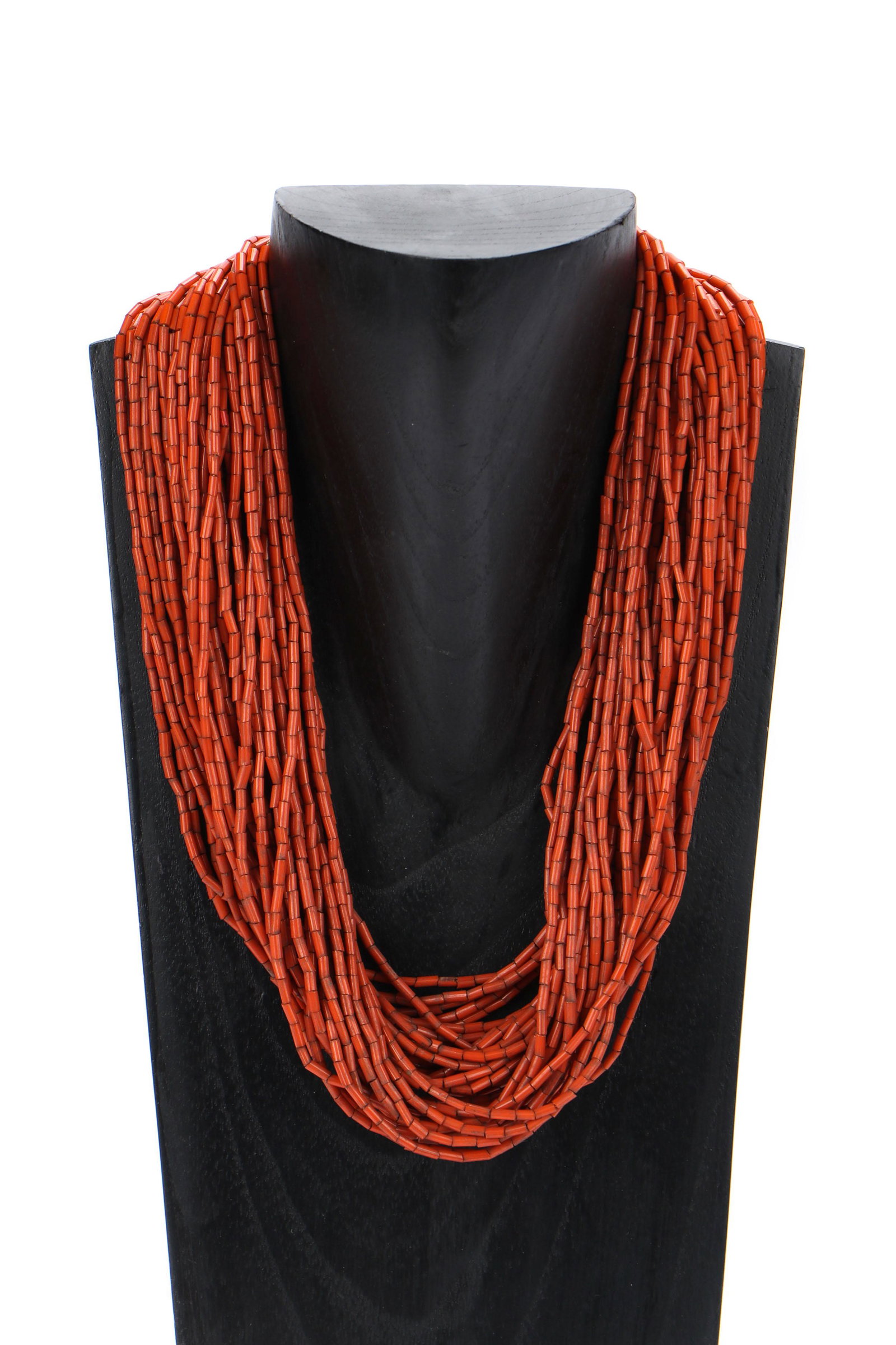 Konyak Naga Red Glass Trade Bead Necklace: Konyak Naga Red Glass Trade Bead Necklace, classic antique original 41-strand, red cylindrical beads. Size: 24.75'' (63 cm) total length.