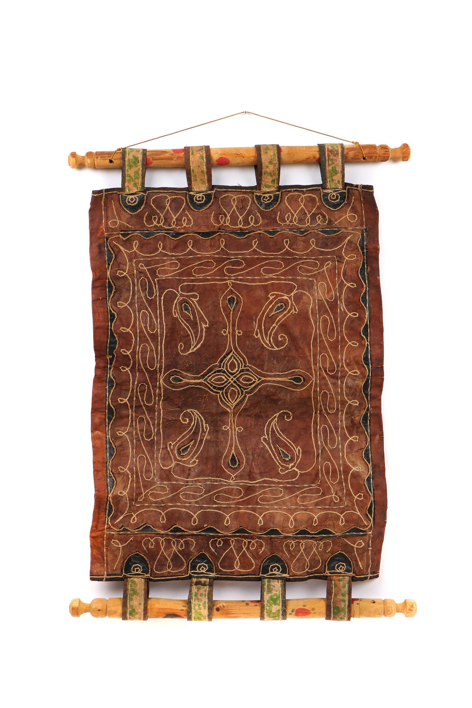 Persian Embroidered Leather Hammock Cradle, Mid 20th c.: Persian Embroidered Leather Hammock Cradle, Mid 20th c. Leather section placed between two painted turned wood dowels. Size: 43'' x 32'', (109 x 81 cm).