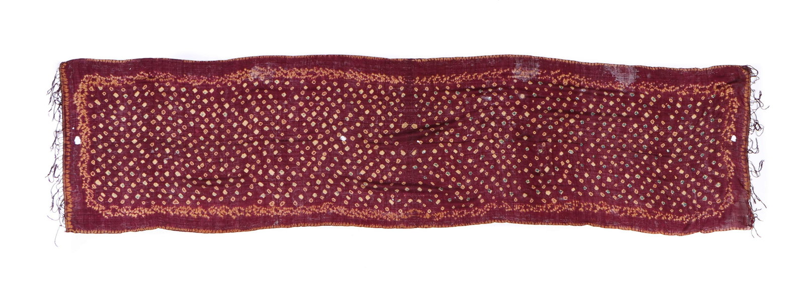 Antique Indonesian Pelangi Shoulder Cloth, Bali: Antique Indonesian Pelangi (tied dyed) Shoulder Cloth, Bali, silk with metal thread embellishment. Size: 93'' x 23'' (236 x 58 cm).