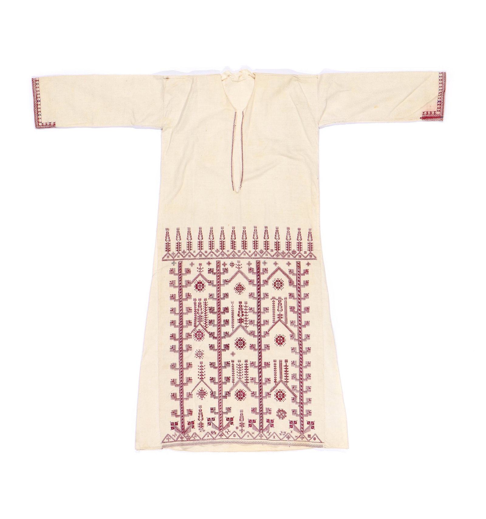 Woman's Dress Qutayfah, Syria: Woman's Dress Qutayfah, Syria. Hand spun, hand-woven and hand sewn. Cotton with silk embroidery. Stitches: Cross back, double running, closed cretan join, lacing, straight. Size: 50.5'' x 55'' (128 x 