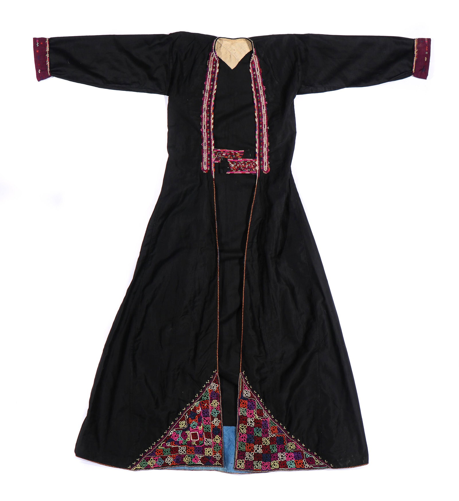 Woman's Coat Kafr Tacharim, Syria: Woman's coat, cotton sateen with silk embroidery and applique on corners of coat, silk fabric cuffs with embroider, Kafr Tacharim Region, Syria, early to mid 20th c. Stitches: straight and back, fishb