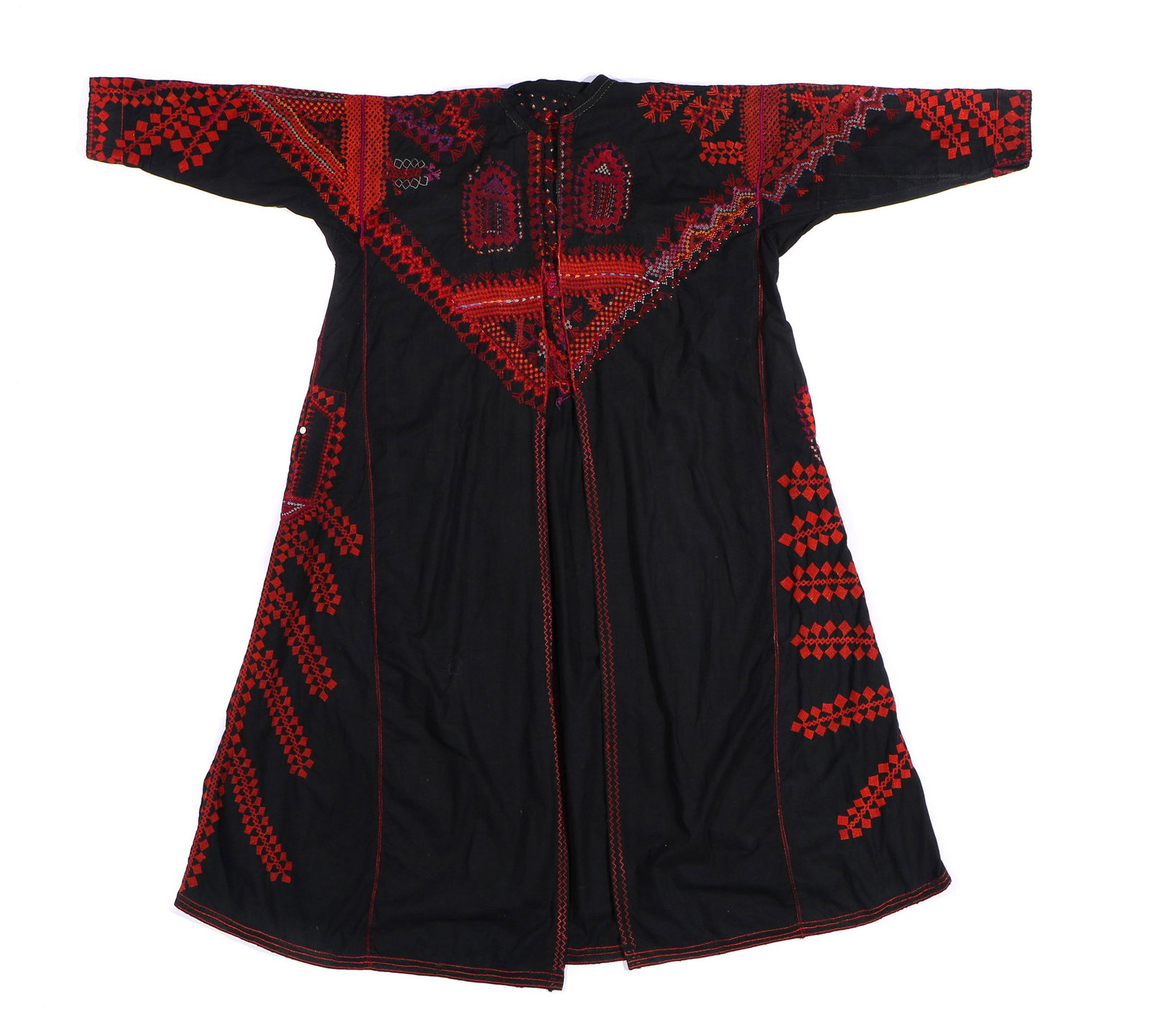 Antique Syrian Woman's Coat with Silk Embroidery: Woman's coat, cotton with silk embroidery, glass buttons, cross, overcast, fishbone and long stem stitches, Khan Shaykhum Region, Syria, early 20th century. Size: 58'' x 59.5'' (147 x 151 cm).