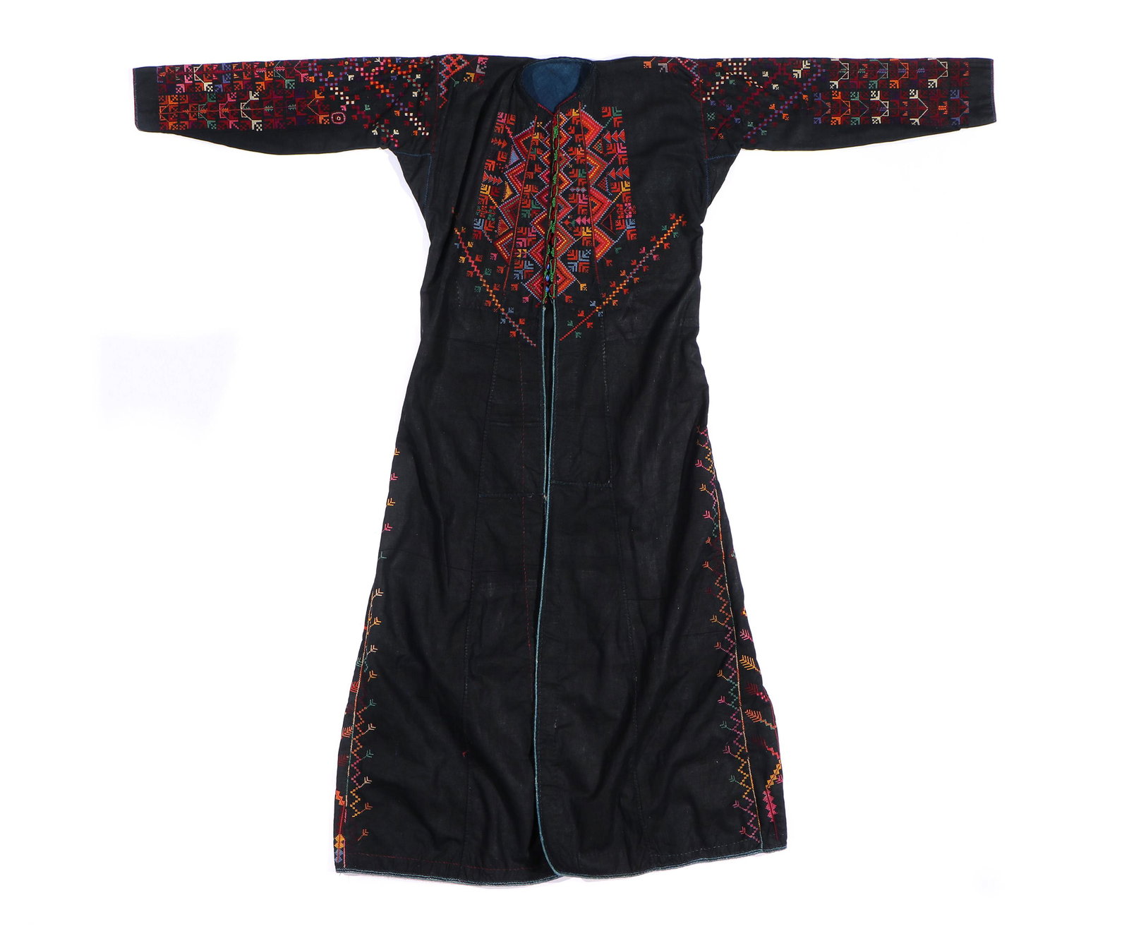 Antique Syrian Woman's Coat with Silk Embroidery: Woman's coat, cotton with silk embroidery, metal sequins and glass buttons, cross, herringbone and chain stitches, Jabal Sam'an Region, Syria, early 20th century. Size: 54.5'' x 56'' (138 x 142 cm).