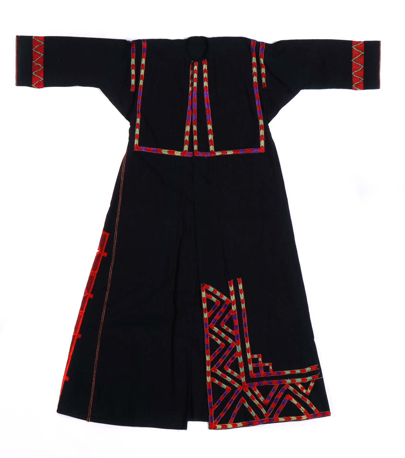 Antique Syrian Woman's Coat with Silk Embroidery: Woman's coat, hand-woven cotton, indigo dyed, with silk embroidery and hem stitch on sleeves, Mhardah Region, Syria, early 20th century. Size: 54'' x 51'' (137 x 130 cm).