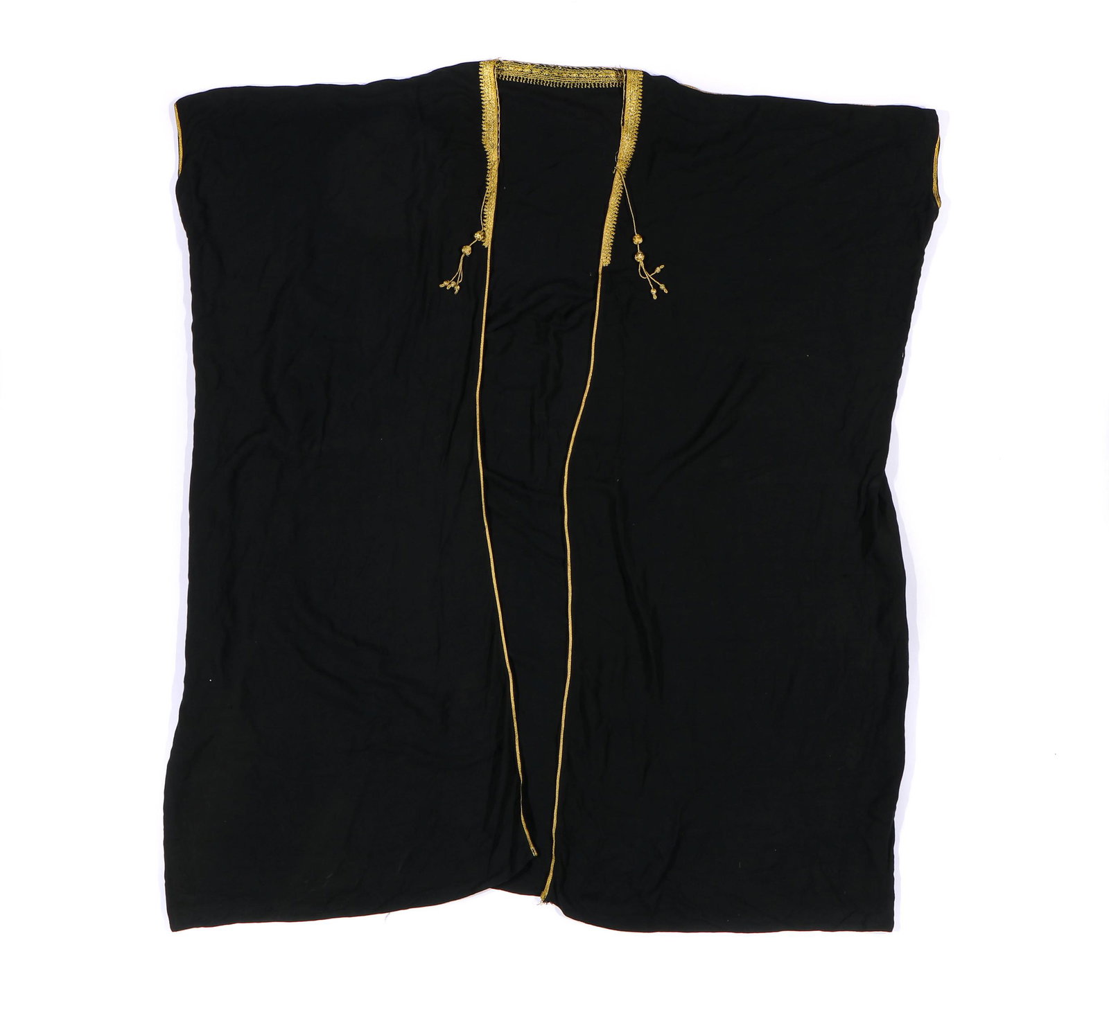 Traditional Robe with Metallic Embroidery, Syria: Traditional Syrian black robe with metallic thread embroidery, 20th c. Size: 56'' x 50'' (142 x 127 cm).
