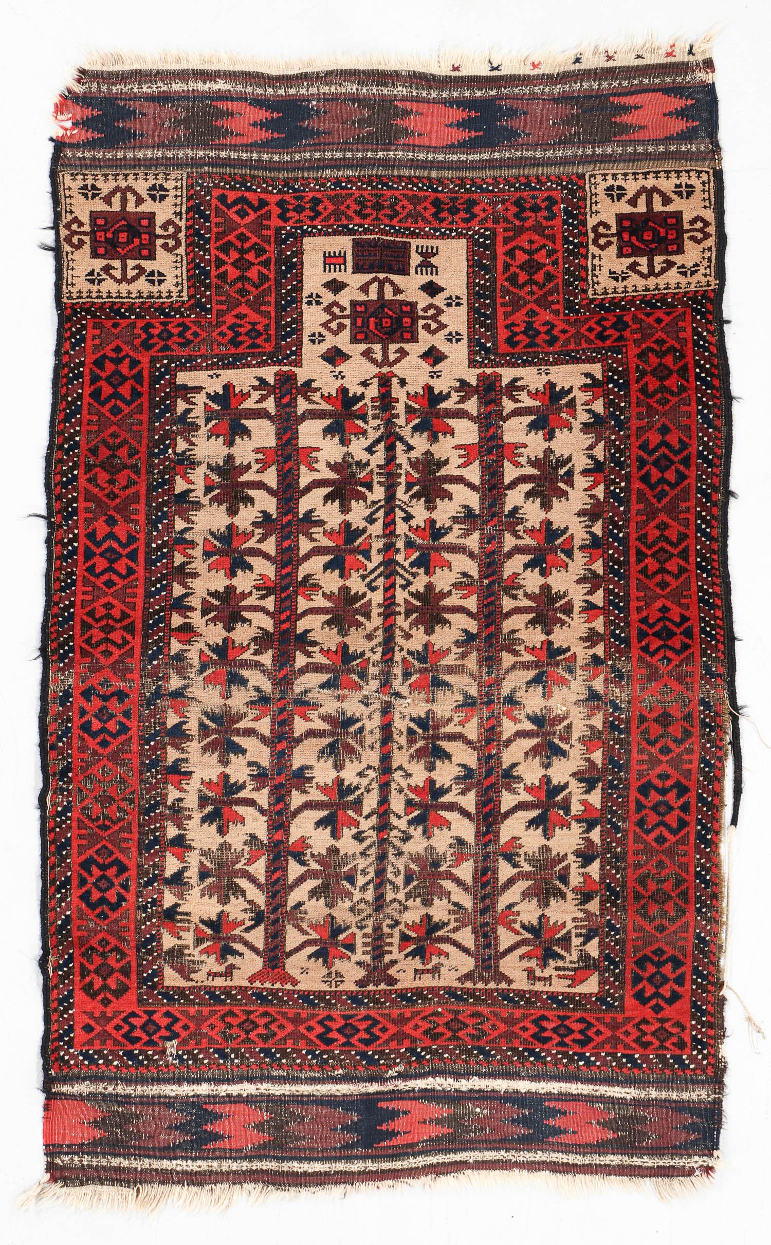 Beluch Prayer Rug, Afghanistan, 19th C., 2'9'' x 4'5'': Beluch Prayer Rug, Afghanistan, 19th C., 2'9'' x 4'5'' (84 x 135 cm). Weight: 4 lbs. Material: wool pile, wool warp, wool weft. Note: There Are No Hidden or Confidential Reserves in this Auction; All 