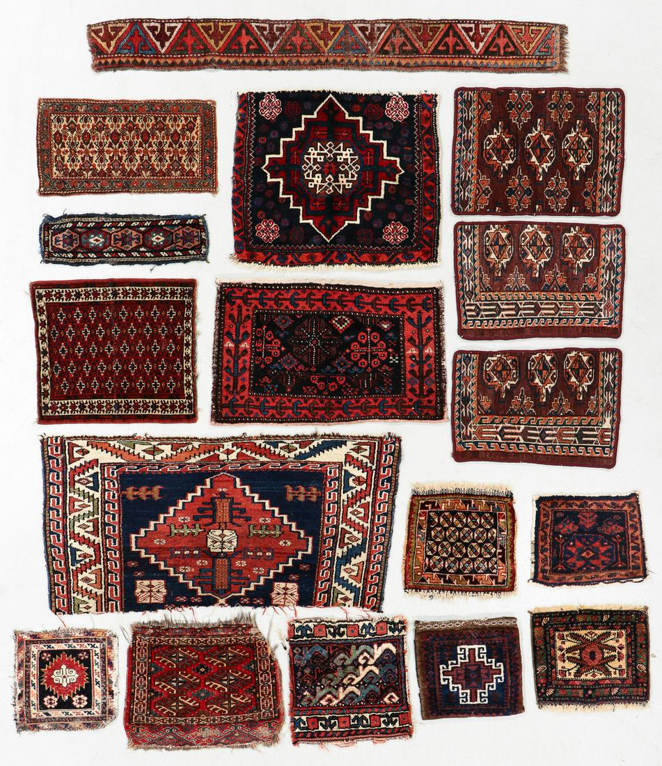 Large Group of Antique Persian & Turkmen Bags/Fragments: Large Group of Antique Persian & Turkmen Bags/Fragments (17), wool, various sizes. 20 lbs. Note: There Are No Hidden or Confidential Reserves in this Auction; All Acceptable Bidding Commences at the O