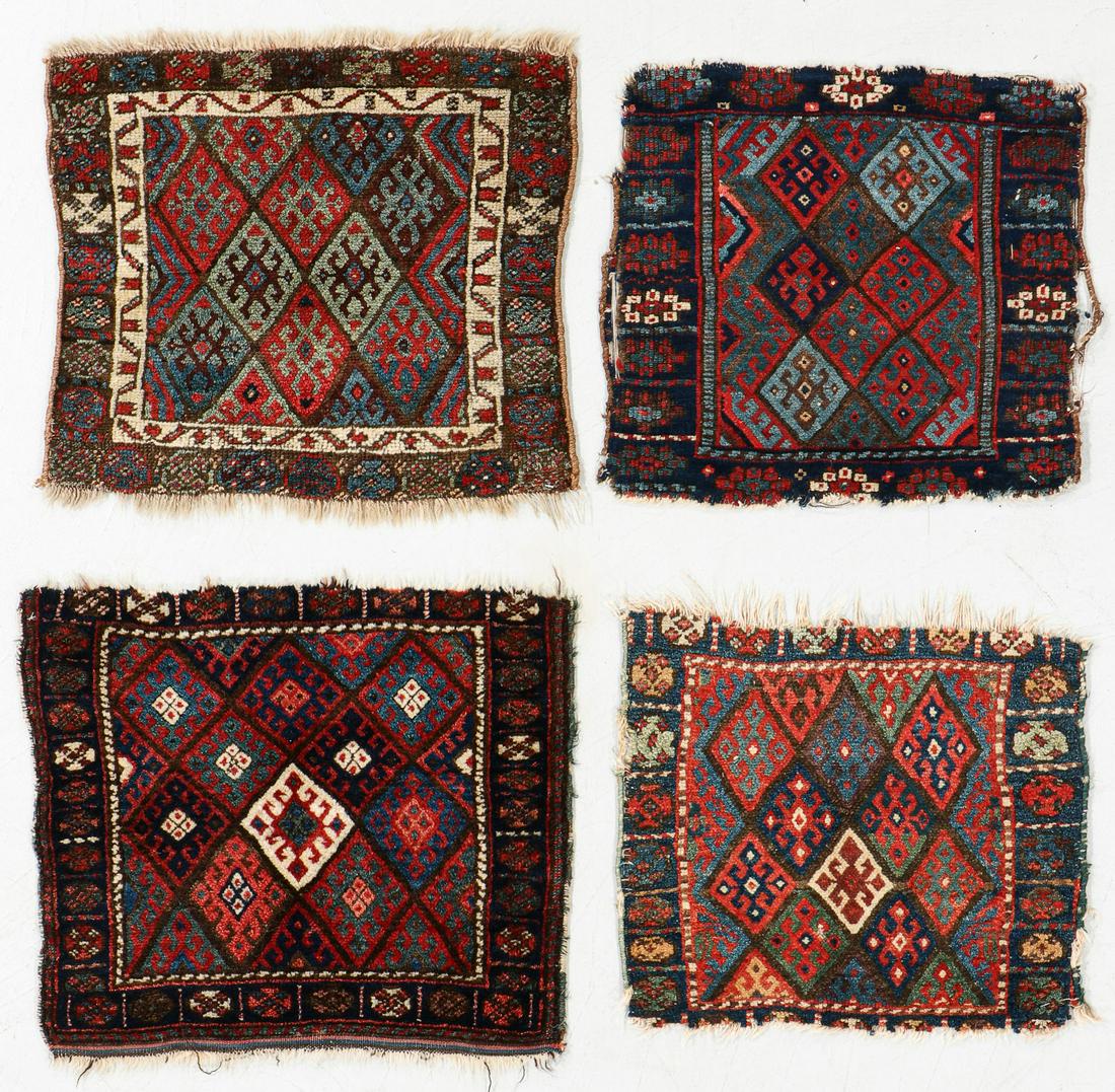 Four Antique West Persian Jaffe Kurd Bags: Four Antique West Persian Jaffe Kurd Bags, wool. Largest: 1'9" x 1'6". 5 lbs. Note: There Are No Hidden or Confidential Reserves in this Auction; All Acceptable Bidding Commences at the Online Start P