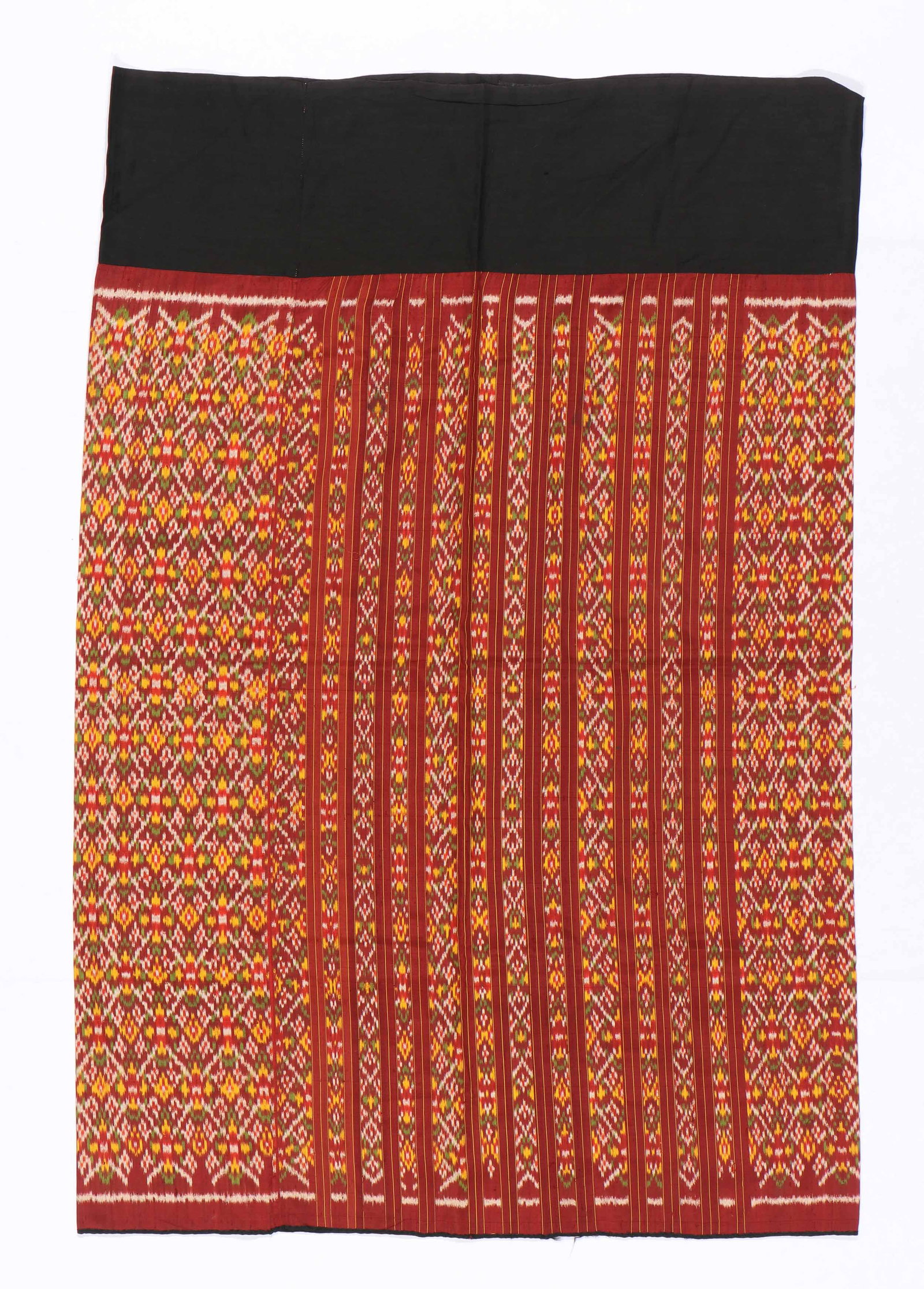 Burmese Silk Ikat Skirt Textile, Myanmar, 20th C.: Burmese Silk Ikat Skirt Textile, Inle Lake, Myanmar, 20th C. Size: 47'' x 31.5'', (119 x 80 cm). Note: There Are No Hidden or Confidential Reserves in this Auction; All Acceptable Bidding Commences at