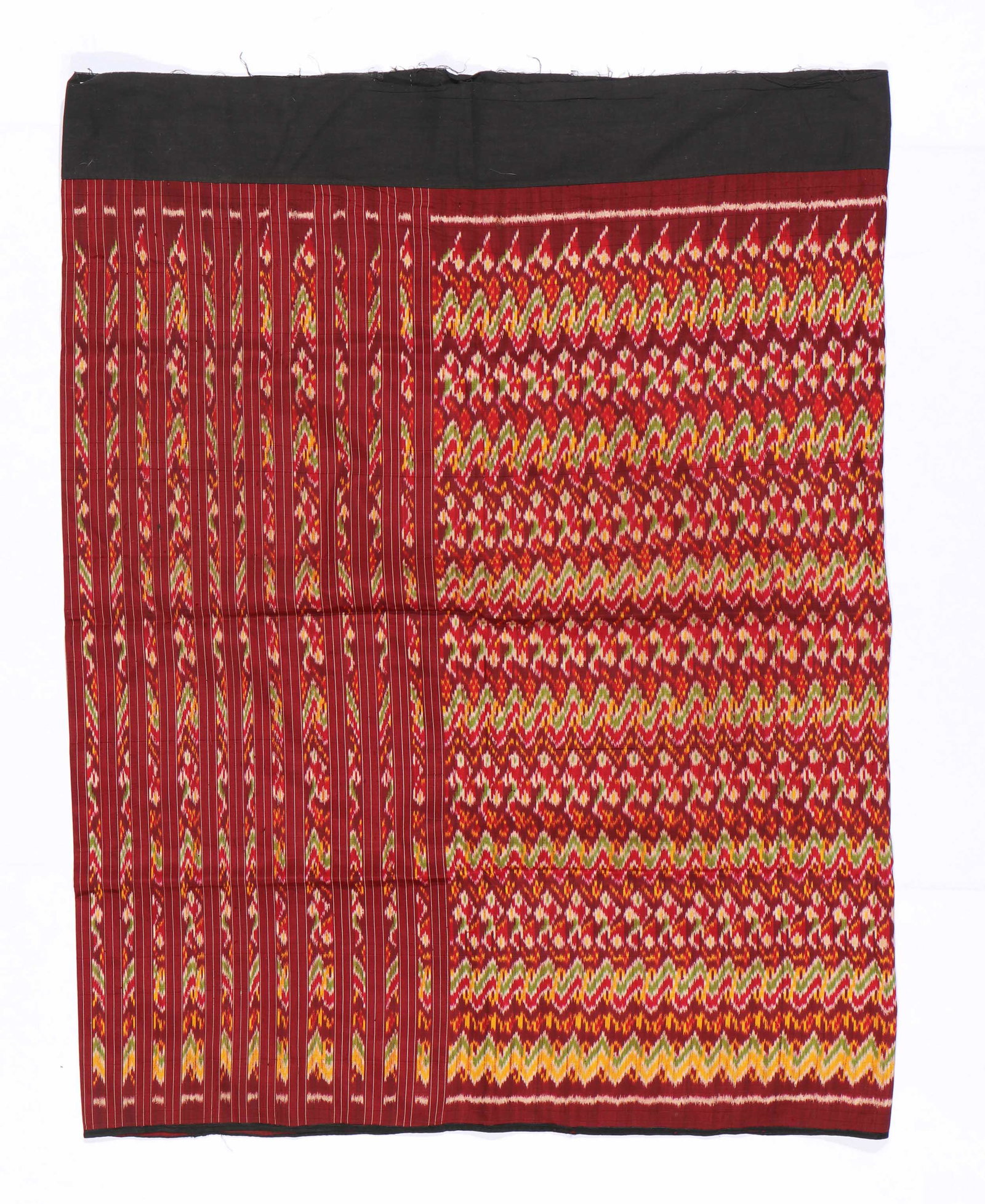 Burmese Silk Ikat Skirt Textile, Myanmar, 20th C.: Burmese Silk Ikat Skirt Textile, Inle Lake, Myanmar, 20th C. Size: 43'' x 33'', (109 x 84 cm). Note: There Are No Hidden or Confidential Reserves in this Auction; All Acceptable Bidding Commences at t