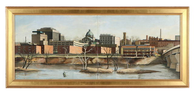 Babette Martino (American, 1956-2011): Babette Martino (American, 1956-2011) "Borough of Norristown," (Diptych), oil on board, signed. Framed. Size: 11.5'' x 29.5'', 29 x 75 cm (sight); 14.5'' x 32.5'', 37 x 83 cm (frame).