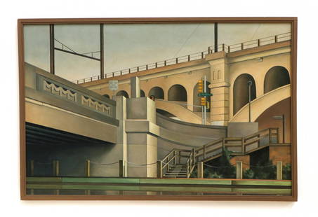 Babette Martino (American, 1956-2011): Babette Martino (American, 1956-2011) "Two Bridges," oil on board, signed. Framed. Size: 36'' x 55'', 91 x 140 cm (board); 37.5'' x 56.6'', 95 x 144 cm (frame).