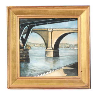 Babette Martino (American, 1956-2011): Babette Martino (American, b. 1956) "Schuykill River Bridges," oil painting on board, signed and inscribed verso. Framed. Size: 7.5'' x 7.5'', 19 x 19 cm (board); 10.5'' x 10.5'', 27 x 27 cm (frame).