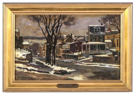 Giovanni Martino (1908-1997) "Patches of Snow": Giovanni Martino (American, 1908-1997) "Patches of Snow - Manayunk 1940", oil and egg tempera painting on canvas, signed. Framed. Size: 12'' x 19'', 30 x 48 cm (board); 16'' x 23'', 41 x 58 cm