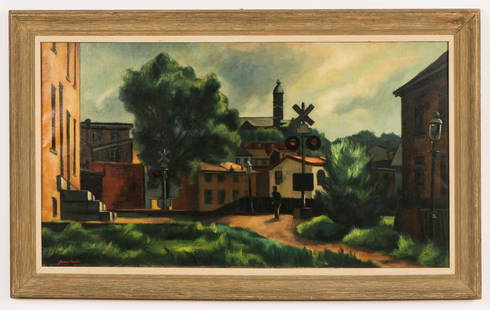 Giovanni Martino (American, 1908-1997) "At the: Giovanni Martino (American, 1908-1997) "At the Crossing", 1933, oil painting on canvas, signed. Framed. Size: 24'' x 45'', 61 x 114 cm (stretcher); 32'' x 51.5'', 81 x 131 cm (frame).