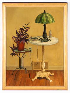 Eva Marinelli Martino (American, b. 1929) "Two Tables": Eva Marinelli Martino (American, b. 1929) "Two Tables", oil painting on board, signed. Framed. Size: 34.5'' x 28.5'', 88 x 72 cm (sight); 43'' x 33'', 109 x 84 cm (frame).