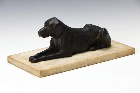 Eva Martino (American, b.1929) Dog Sculpture: Eva Martino (American, b.1929) Dog Sculpture, bronzed composite on detached marble slab base. Size: Sculpture: 5.5'' x 13'' x 5'' (14 x 33 x 13 cm). Base Size: 1'' x 16'' x 8'' (3 x 41 x 20 cm).