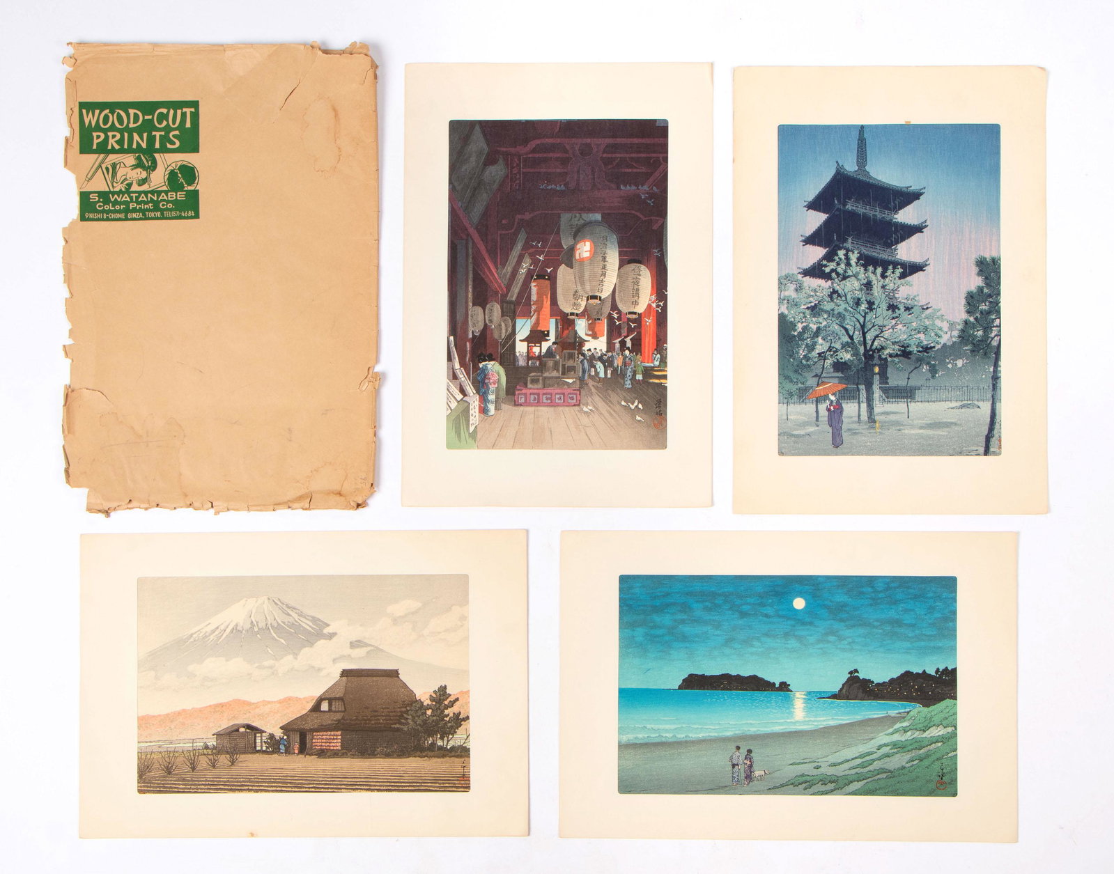 Group of 4 Japanese Woodblock Prints: Group of 4 Japanese Woodblock Prints, including: 1) Hasui Kawase (Japanese, 1883-1957) "Moonlight at Shichiri-ga-hama, Sagami Province (Soshu Shichiri-gahama)," 1930. 2) Shiro Kasamatsu (Japanese, 189