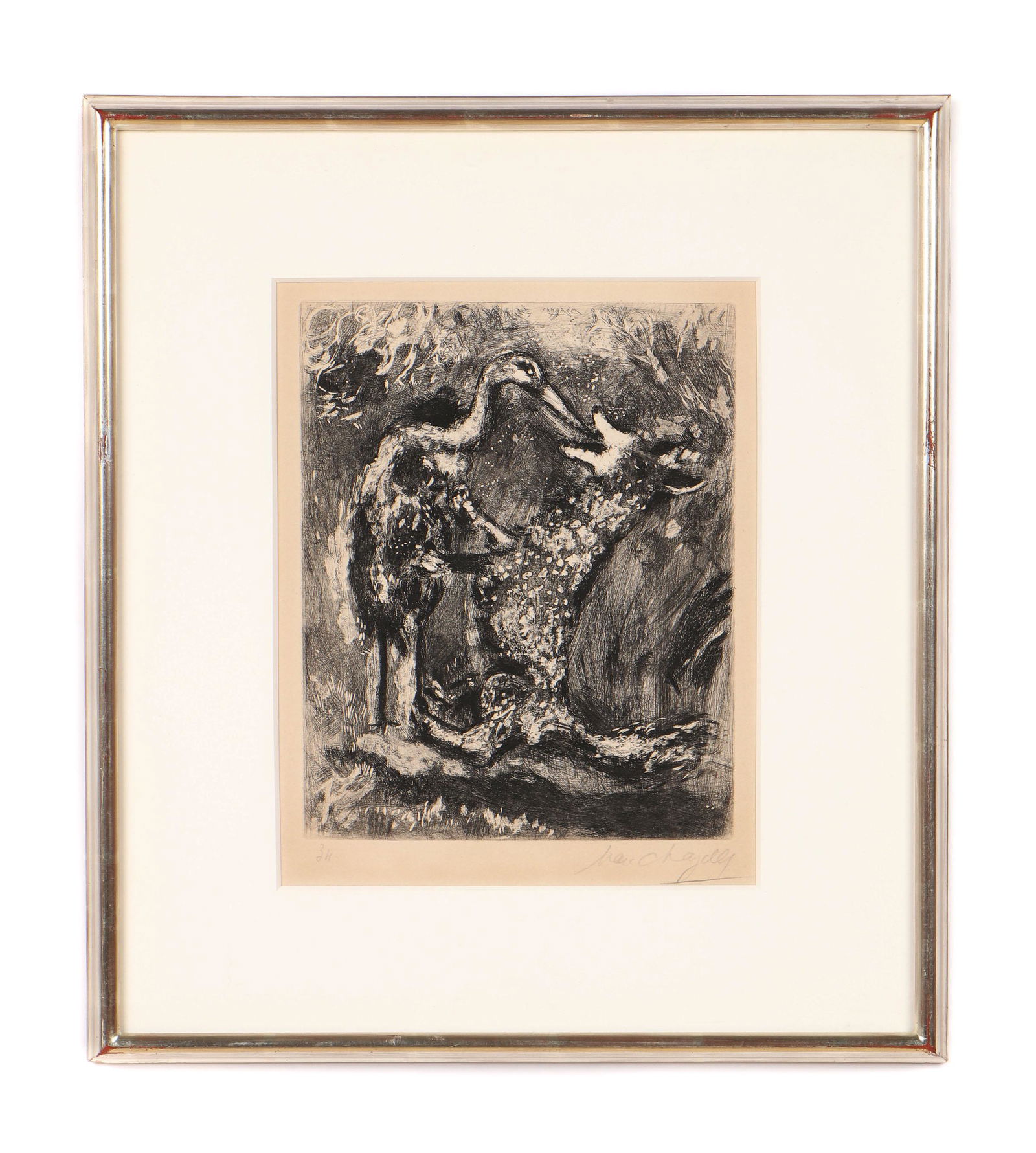 Marc Chagall (French, 1887-1985): Marc Chagall (French/Russian, 1887-1985) "The Wolf and the Stork," etching, signed. Framed. Based on a fable recounted by 17th-century French writer Jean de La Fontaine, in which a wolf persuades a st