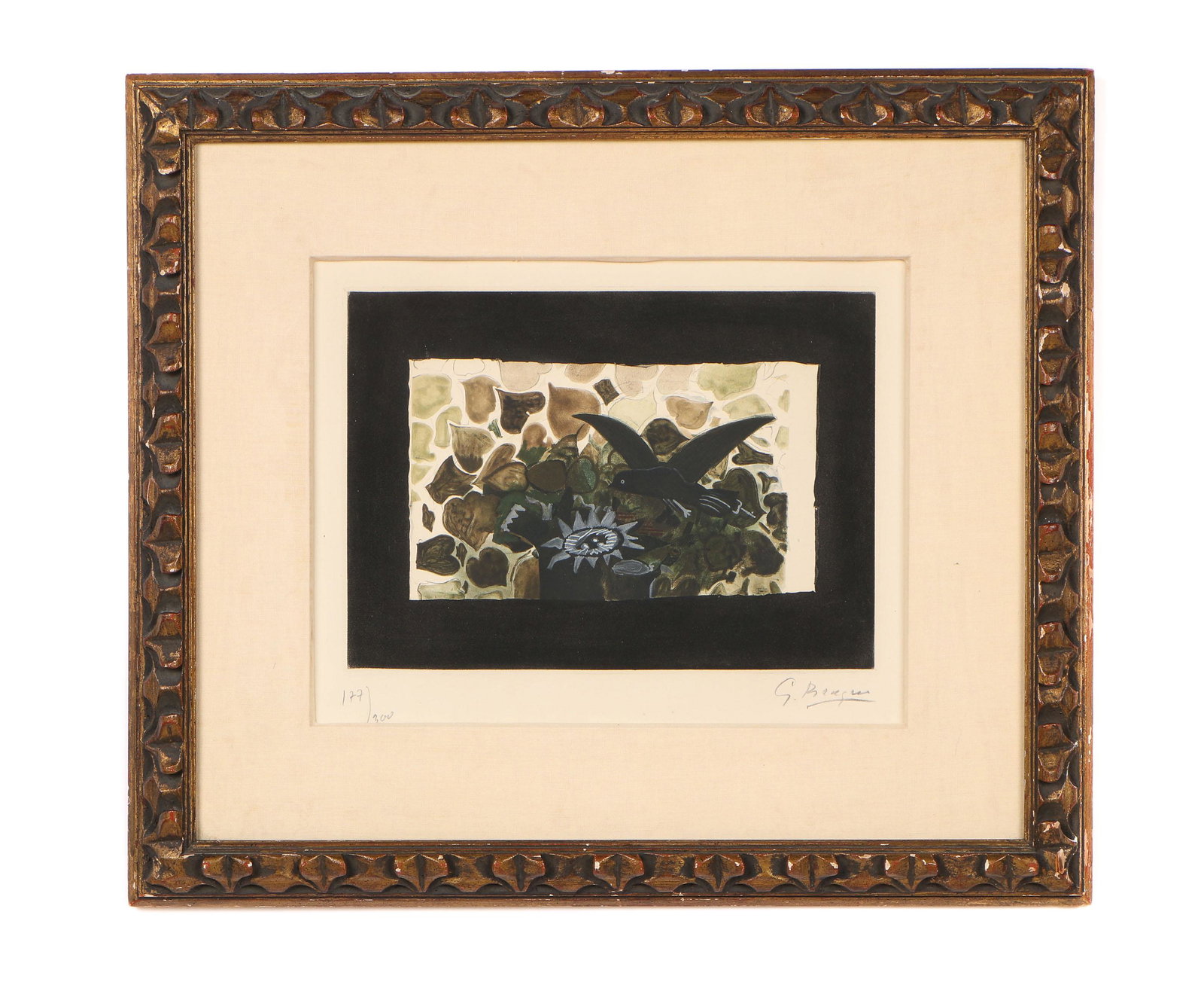 Georges Braque (French, 1882-1963): Georges Braque (French, 1882-1963) "Le Nid Vert," (The Green Nest) etching, 1950, signed and numbered: 177/300/ Framed. Size: 8.5'' x 12'', 22 x 30 cm (plate); 19.5'' x 22.25'', 50 x 57 cm (frame).