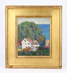 George G. Adomeit (American, 1879-1967): George G. Adomeit (American, 1879-1967) "A Glimpse of Provincetown Harbor," oil on board, signed. Framed. Purchased from the artist's daughter in 1988. Size: 12'' x 10'', 30 x 25 cm (board); 18.5'' x