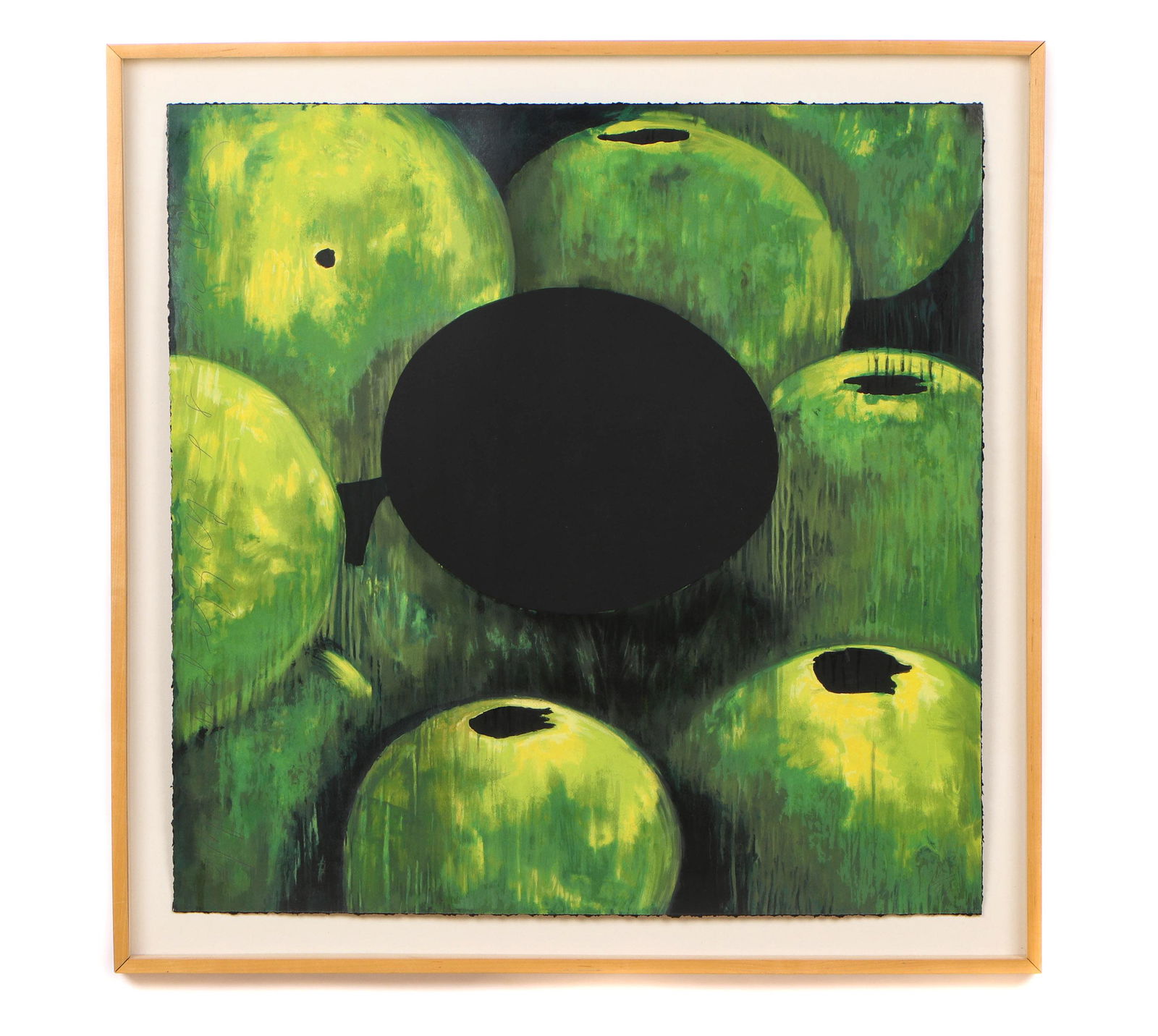 Donald Sultan (American, b. 1951): Donald Sultan (American, b. 1951) "Green Apples & (Black) Egg," 2000, Color Silkscreen Print, signed, dated and numbered: 16/90. Framed. Provenance: ex Noelle Balfour collection. Size: 35'' x 35'', 89