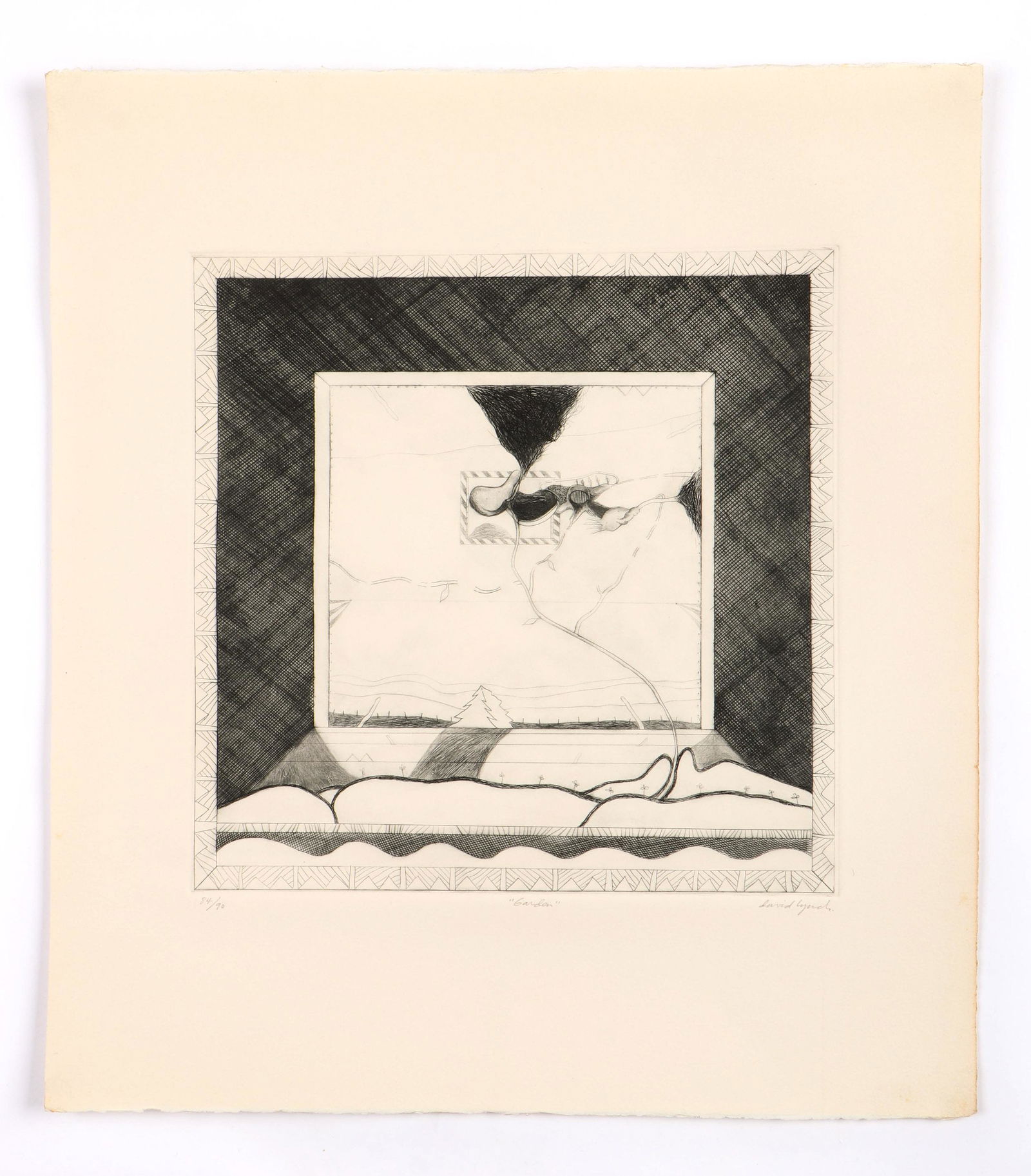 David Lynch (American, b. 1946) "Garden," Etching: David Lynch (American, b. 1946) "Garden," etching, signed, titled and numbered, from an edition of 90. Unframed. Size: 13.75'' x 13.75'', 35 x 35 cm (plate); 22.25'' x 20'', 57 x 51 cm (sheet).