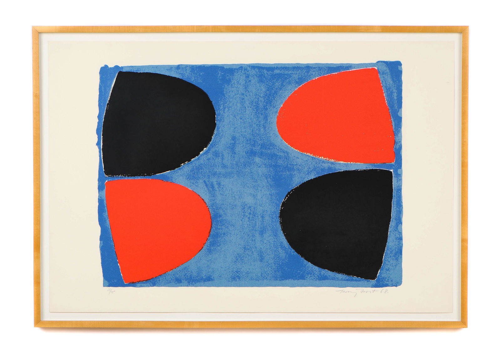 Sir Terry Frost (1915-2003) "Red with Black on Blue,": Sir Terry Frost (British, 1915-2003) "Red with Black on Blue," 1968, serigraph, signed, dated and numbered: 28/75. Framed. Size: 27'' x 39.75'', 69 x 101 cm (sheet); 30'' x 43'', 76 x 109 cm (frame).